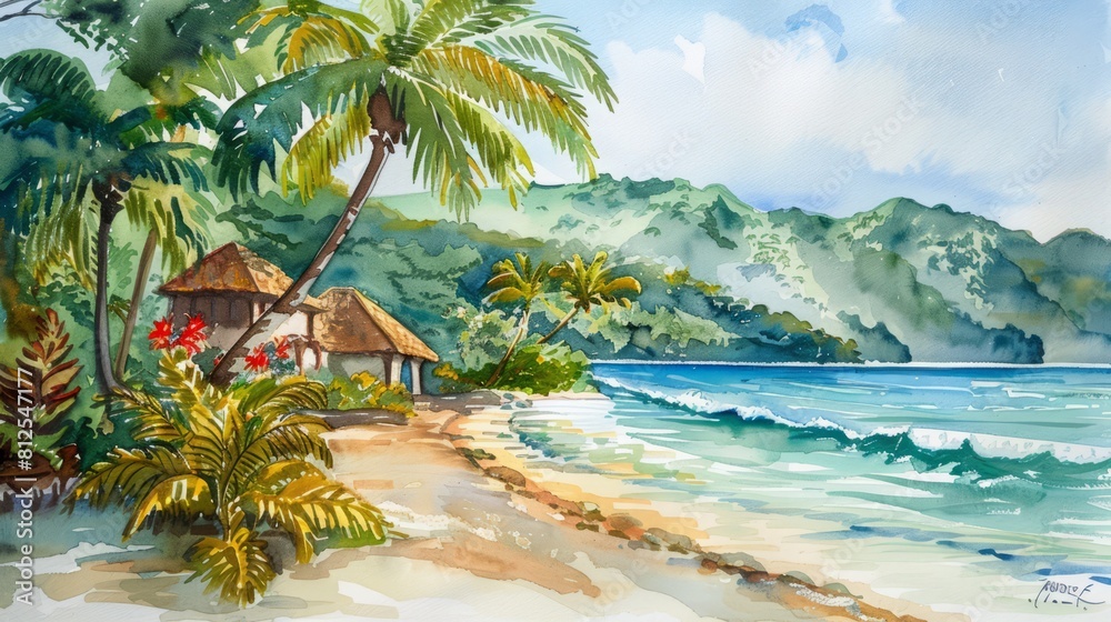 Wall mural a painting of a beach with palm trees and a small hut. the mood of the painting is peaceful and rela - Wall murals