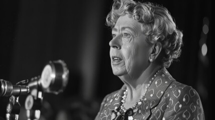 Black and white photo of Eleanor Roosevelt giving a speech