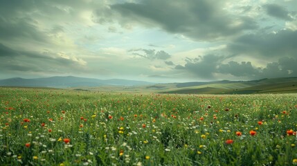 Colorful wildflowers speckle a green field beneath a vast striking sky