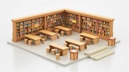 A miniature wooden library model with bookshelves, tables, and stools, creating a cozy and inviting reading space.