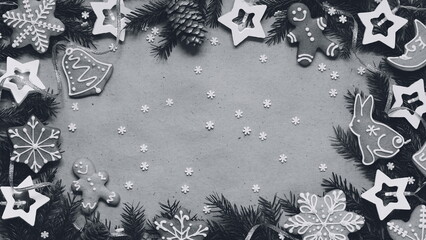 Christmas Cookies And Decorations Monochrome Overhead View Grey Background