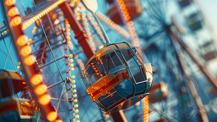 close up of a ferris wheel, blurred attractions background, ferris wheel in the park