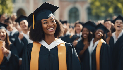 young black woman in cap and gown laughing, with a crowd of graduates in the background 
