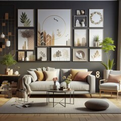 A living room with a template mockup poster empty white and with a couch and pictures on the wall art photo photo used for printing.