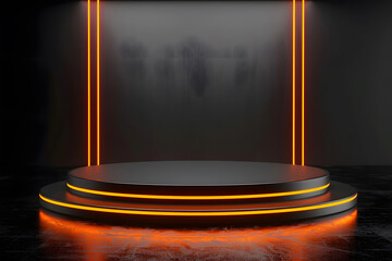  Empty podium with orange line neon on black background podium. Generative Ai.