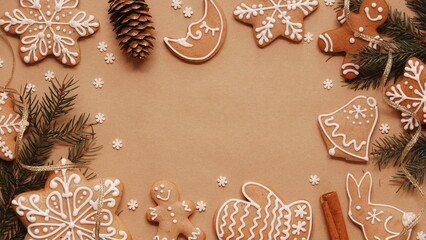Christmas Gingerbread Cookies And Pine Decor Warm Top View Kraft Background