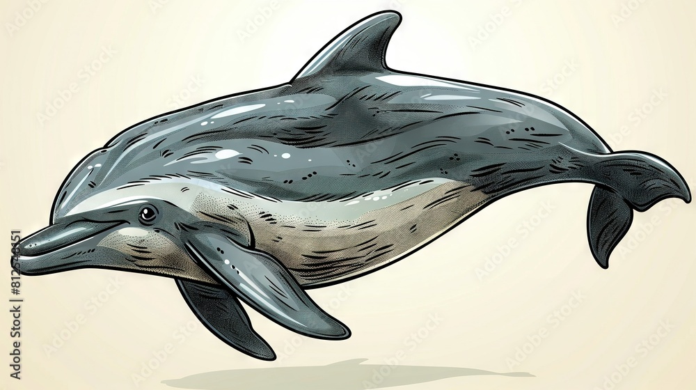 Poster a sketch of a dolphin leaping in mid-air with its mouth agape