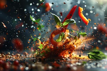 Locally sourced vegetables and spices twist into a fiery explosion on a dark background, captured in a closeup shot that highlights fresh, vibrant hues