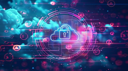 glowing pink and blue cloud with a lock icon in the center against a dark blue background.