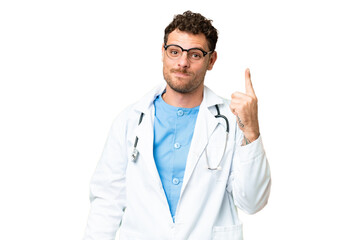 Fototapeta premium Brazilian doctor man over isolated chroma key background pointing with the index finger a great idea