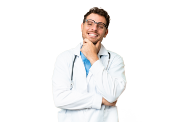 Brazilian doctor man over isolated chroma key background with glasses and smiling