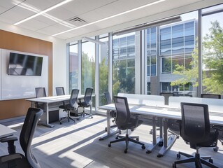 Sleek design conference room with large windows and a flat-screen for presentations.