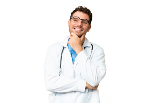 Brazilian doctor man over isolated chroma key background with glasses and smiling