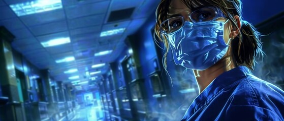 Fototapeta premium A powerful depiction of a nurse in a protective mask, visibly tired but resolute, resting briefly in the hospital lobby, showcasing the dedication of healthcare professionals