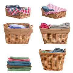 Laundry basket full of clothes isolated on white background.