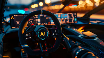 Futuristic Car Dashboard: Illuminated Panels Displaying 'AI', Signaling the Rise of Artificial Intelligence in the Automotive World