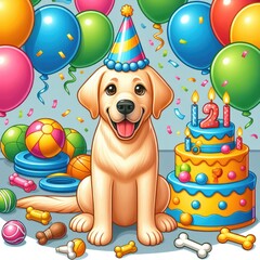 A dog wearing a party hat and balloons image realistic harmony lively card design illustrator.