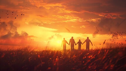 Fototapeta premium A serene background with silhouettes of people holding hands and watching the sunrise together, experiencing the beauty of nature in unity