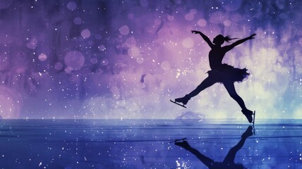 A captivating silhouette of a figure skater pirouetting across the ice, exuding elegance and grace in a stunning winter wallpaper. The athlete's dedication and flexibility shine through in this