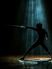 A vibrant digital of a fencer in mid-lunge, their silhouette contrasted against a bold background. The tip of their saber creates an ethereal glow, adding a unique touch to this graphic wallpaper.