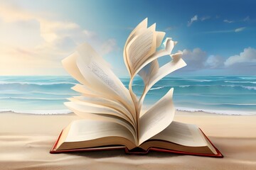  A book lying open on a deserted beach, its pages fluttering in the salty breeze as waves crash against the shore.