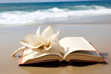  A book lying open on a deserted beach, its pages fluttering in the salty breeze as waves crash against the shore.