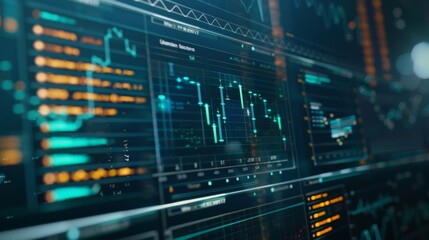 Futuristic digital interface with graphs, charts, and data analysis.
