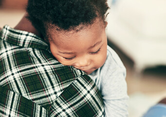 Obraz premium Mother, baby and sleeping in closeup on shoulder for security, love and peace in bedroom. Black woman, child and tired with relax for wellness in home, care or together for development with newborn