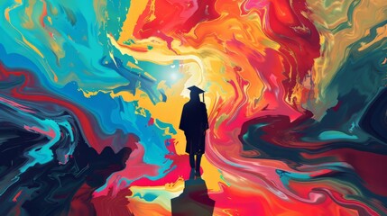 Abstract background featuring a graduate in a burst of colors