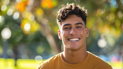 Fototapeta premium Young Hispanic man smiling confidently standing at the park