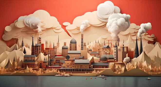 Realistic paper-cut factories with toxic emissions, highlighting industrial pollution, minimalist, blurred background,