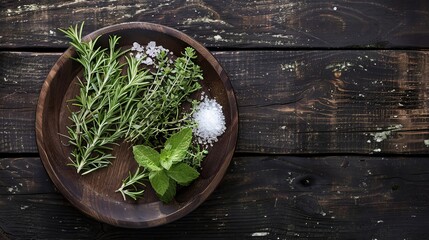 Wooden plate with herbs and salt on top of a dark wooden background