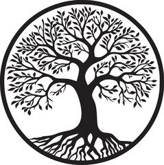 line art nature logo vector design oak tree inside circle, abstract tree logo symbol inside circle