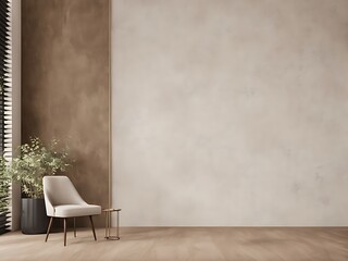  Light beige living room - modern interior hall and furniture design. Mockup for art - ivory taupe empty texture plaster microcement wall. Luxury premium nude accent lounge reception. 3d render 