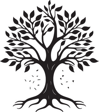 line art nature logo vector design oak tree inside circle, abstract tree logo symbol inside circle