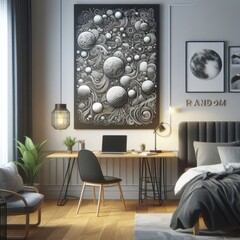 A Room with a template mockup poster empty white and with a bed and a desk and chair art attractive lively has illustrative meaning.
