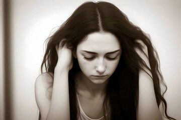 Obraz premium a young woman with depression, mental health decline, abuse, sad, unhappy, in deep thought, alone, isolated