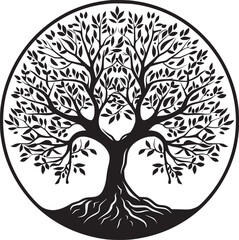 line art nature logo vector design oak tree inside circle, abstract tree logo symbol inside circle
