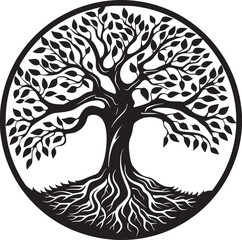line art nature logo vector design oak tree inside circle, abstract tree logo symbol inside circle
