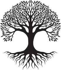 line art nature logo vector design oak tree inside circle, abstract tree logo symbol inside circle