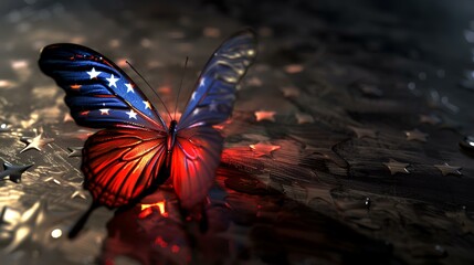 American flag butterfly on the star background. 3d rendering illustration.