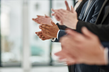 Business people, hands and clapping for results in office, motivation and support for company win. Employees, applause and solidarity for target or goals achievement, celebration and collaboration
