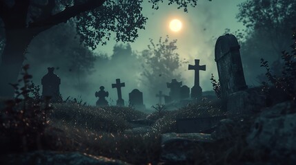 A spooky graveyard with ancient tombstones and restless spirits wandering among the shadows on Halloween eve. 