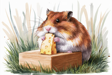 Watercolor illustration of a hamster sitting on a wooden block, munching on a piece of cheese, surrounded by tall grass and depicted in a realistic style.