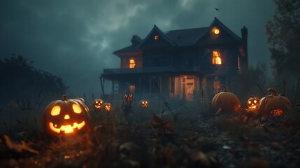 A spooky haunted house with eerie fog creeping around, illuminated by the glow of jack-o'-lanterns on Halloween night. 