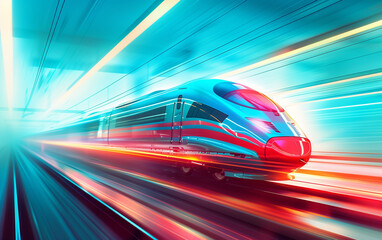 High speed train in motion concept poster background. Rapid transit horizontal banner. Motion blur effect. Raster bitmap digital illustration. AI artwork.