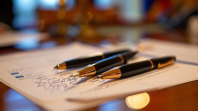 Image description: a close up of three black and gold pens on a notepad.