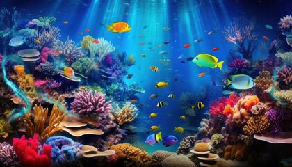 Obraz premium Tropical fish in the underwater, coral reef, amazing underwater life, various fish and exotic coral reefs, ocean wild creatures background