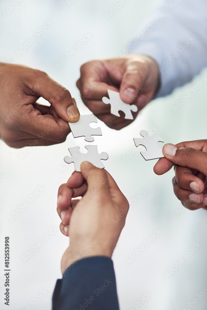 Poster teamwork, hands and business people with puzzle for unity or collaboration with joint effort for pro