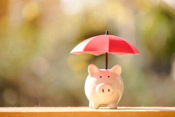 Piggy bank the red umbrella for protect on sunlight in the public park, to prevent for asset and saving money for buy health insurance concept.